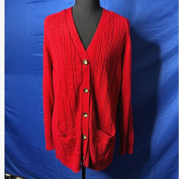 Lands' End Sweaters - Lands End Womens Red Cable Knit Cardigan Sweater L Preppy Classic Academia Wool
